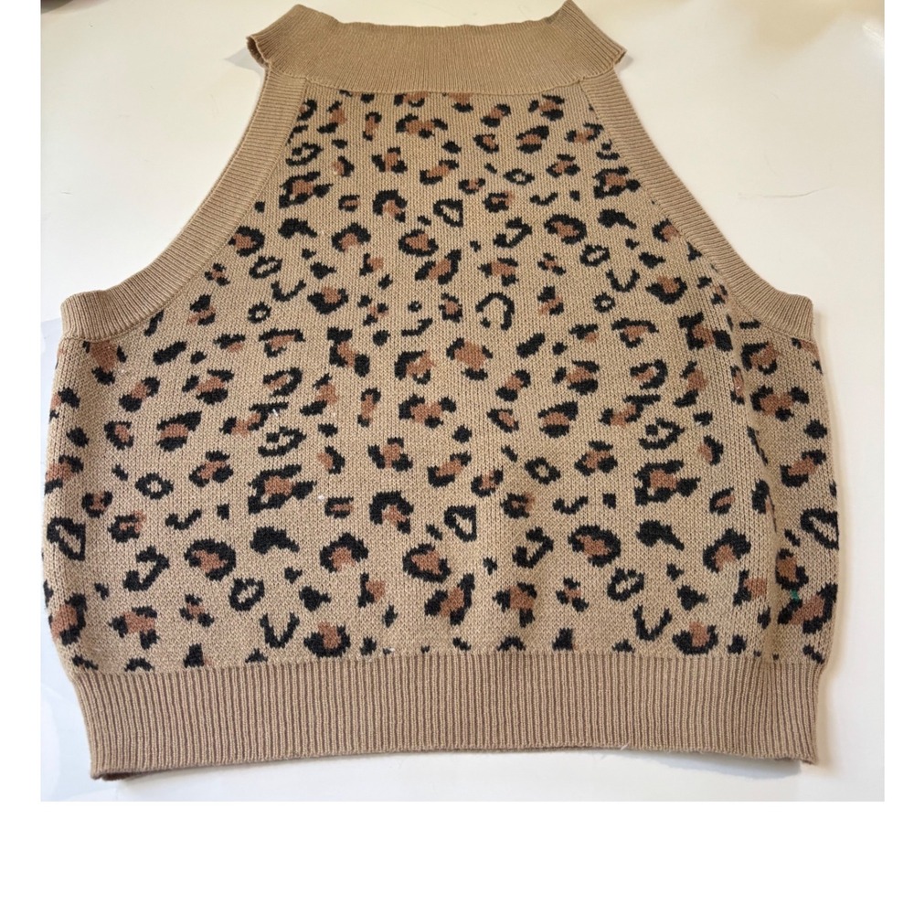 Kittenish Sweater Tank Womens Medium Tan Leopard Print Excellent Mock Neck Knit
